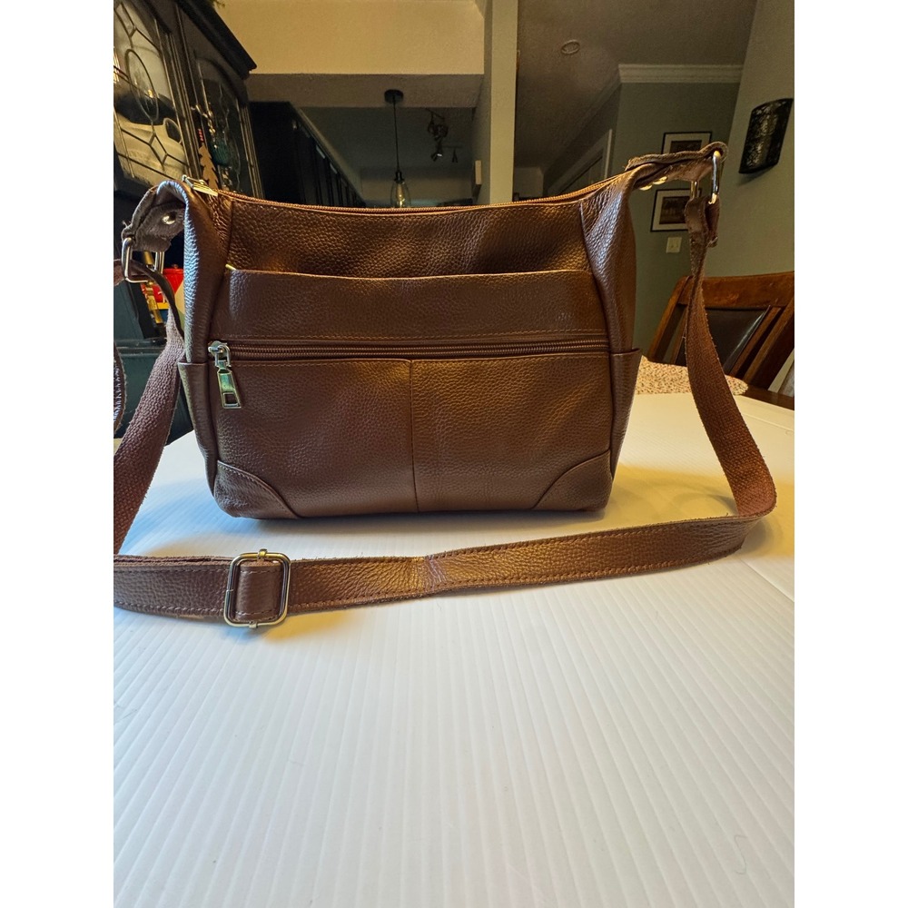 Cognac faux Pebble Leather Multi Pocket Crossbody Bag Brown ShoulderBag